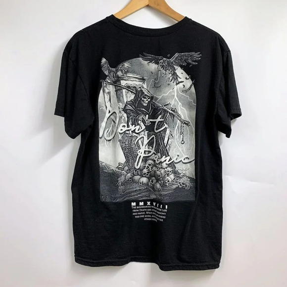Fresh Laundry Grim Reaper Don’t Panic Trust No One Black Casual Graphic Tee SZ L - Picture 1 of 12